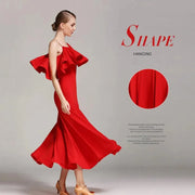 Women’s Ultra-fine Milk Silk Ruffled Neckline Inclined Shoulder Long Ballroom Dress - DancerInn