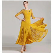 Women See-Through Hollow Lace Stitching Short Sleeves Red Tango Standard Ballroom Dress Waltz Rumba Dance Wear - DancerInn