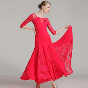 Women See-Through Hollow Lace Stitching Short Sleeves Red Tango Standard Ballroom Dress Waltz Rumba Dance Wear - DancerInn