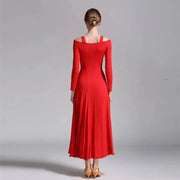 Women Bare Shoulder Long Sleeves Spandex White Ballroom Dress Party Dress Waltz Tango Dance Costume Ball Gown Dance Wear YL9008 - DancerInn