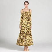 Women Leopard Bare Shoulder Backless Long Sleeves Evening Party Dresses Ballroom Gown Tango Costume Waltz - DancerInn