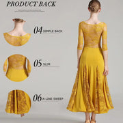 Women See-Through Hollow Lace Stitching Short Sleeves Red Tango Standard Ballroom Dress Waltz Rumba Dance Wear - DancerInn