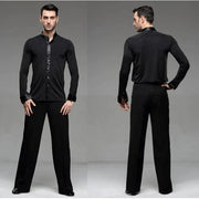 Men Professional Black Noble Dark Stripe Long Sleeves Latin Salsa Samba Chacha Modern Dance Shirts - DancerInn