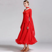 Women Neck Piece Flying Yarn Long Sleeves White Ballroom Dress Party Dress Waltz Rumba Costume Dance Clothing - DancerInn