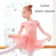 Girls Bowknot Short Sleeve Ballet Dress Gymnastics Leotards Chiffon Skirts for Kids - DancerInn