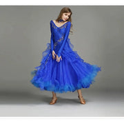 Women V-Neck Hidden Zipper Exquisite Decals Ballroom Dance Competition Dress For Waltz Dress Rumba Dance Costume - DancerInn