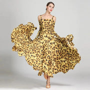 Women Leopard Bare Shoulder Backless Long Sleeves Evening Party Dresses Ballroom Gown Tango Costume Waltz - DancerInn