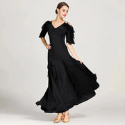 Women Cut-out Sleeves V-Neck Spandex Elegant Long Ballroom Dress Waltz Stage Dance Wear Modern Dance Costumes - DancerInn