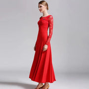 Women Hollow Lace Stitching Big Swing Party Dress Rumba Dance Costumes Waltz Dance Dresses Ballroom Gown - DancerInn