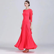 Women Chiffon Yarn V-Back Long Sleeves Party Dress Ball Gown Ballroom Waltz Dress Rumba Dance Costume Stage Dance Wear - DancerInn