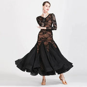 Women Hollow Lace Stitching V-Neck Ballroom Waltz Rumba Dresses Spanish Flamenco Dance Costumes - DancerInn