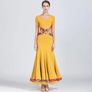 Women Contrast Color Stitching A-line Sweep Short Sleeves Fishbone Hemline Ballroom Dance Wear Tango Dress - DancerInn