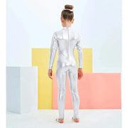 Kids Long Sleeve Metallic Unitards Stirrups Dance Gymnastics Leotards for Girls - DancerInn