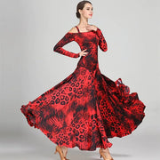 Women Leopard Bare Shoulder Backless Long Sleeves Evening Party Dresses Ballroom Gown Tango Costume Waltz - DancerInn
