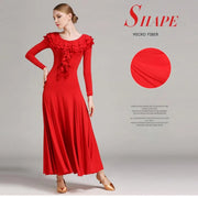Women Layerd Back Ruffled Stitching Long Sleeves Ballroom Dress Standard Dance Clothing Stage Dance Wear - DancerInn