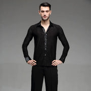 Men Professional Black Noble Dark Stripe Long Sleeves Latin Salsa Samba Chacha Modern Dance Shirts - DancerInn
