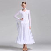 Women Neck Piece Flying Yarn Long Sleeves White Ballroom Dress Party Dress Waltz Rumba Costume Dance Clothing - DancerInn