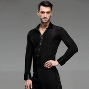 Men Professional Black Noble Dark Stripe Long Sleeves Latin Salsa Samba Chacha Modern Dance Shirts - DancerInn
