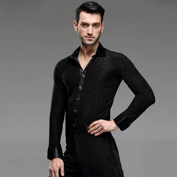 Men Professional Black Noble Dark Stripe Long Sleeves Latin Salsa Samba Chacha Modern Dance Shirts - DancerInn