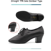 Women Non-slip Soft Sole Oxford Leather Heel 5cm Latin Ballroom Modern Dance Shoes Sports Teacher Dance Sneakers - DancerInn