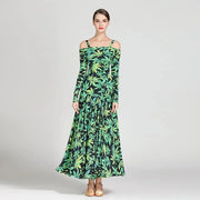 Women Leopard Bare Shoulder Backless Long Sleeves Evening Party Dresses Ballroom Gown Tango Costume Waltz - DancerInn