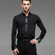 Men Professional Black Noble Dark Stripe Long Sleeves Latin Salsa Samba Chacha Modern Dance Shirts - DancerInn