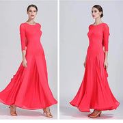 Women Chiffon Yarn V-Back Long Sleeves Party Dress Ball Gown Ballroom Waltz Dress Rumba Dance Costume Stage Dance Wear - DancerInn