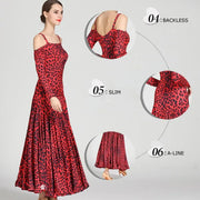 Women Leopard Bare Shoulder Backless Long Sleeves Evening Party Dresses Ballroom Gown Tango Costume Waltz - DancerInn