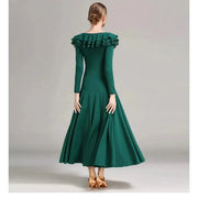 Women Layerd Back Ruffled Stitching Long Sleeves Ballroom Dress Standard Dance Clothing Stage Dance Wear - DancerInn