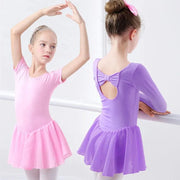 Girls Bowknot Short Sleeve Ballet Dress Gymnastics Leotards Chiffon Skirts for Kids - DancerInn