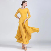 Women Chiffon Yarn V-Back Long Sleeves Party Dress Ball Gown Ballroom Waltz Dress Rumba Dance Costume Stage Dance Wear - DancerInn