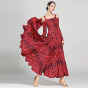 Women Leopard Bare Shoulder Backless Long Sleeves Evening Party Dresses Ballroom Gown Tango Costume Waltz - DancerInn
