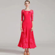 Women See-Through Hollow Lace Stitching Short Sleeves Red Tango Standard Ballroom Dress Waltz Rumba Dance Wear - DancerInn