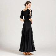 Women Cut-out Sleeves V-Neck Spandex Elegant Long Ballroom Dress Waltz Stage Dance Wear Modern Dance Costumes - DancerInn