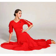 Women Cut-out Sleeves V-Neck Spandex Elegant Long Ballroom Dress Waltz Stage Dance Wear Modern Dance Costumes - DancerInn
