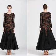 Women Hollow Lace Stitching V-Neck Ballroom Waltz Rumba Dresses Spanish Flamenco Dance Costumes - DancerInn