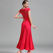 Women Short Sleeves Hollow lace Long Ballroom Dress Dancing Party Waltz Dance Clothes Ball Gown Rumba Costume - DancerInn