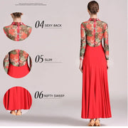 Women Big A Hemline Slim-fitting Pattern Gauze Long Sleeves Standard Ballroom Dress Waltz Tango Dance Costumes - DancerInn