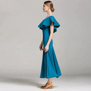 Women’s Ultra-fine Milk Silk Ruffled Neckline Inclined Shoulder Long Ballroom Dress - DancerInn