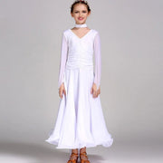 Kids Long Sleeve Romantic Floating Yarn Ballroom Dress Modern Dance Ballroom Dance Competition Dresses for Girls - DancerInn