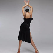 Women Black Velvet Split Strapped Profession Latin Dress Salsa Dance Costumes - DancerInn