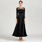 Women Velvet Perspective Stitching Elastic Elegant Waltz Ballroom Dress Ball Gown Dance Clothing YL9047 - DancerInn