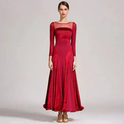 Women Velvet Perspective Stitching Elastic Elegant Waltz Ballroom Dress Ball Gown Dance Clothing YL9047 - DancerInn